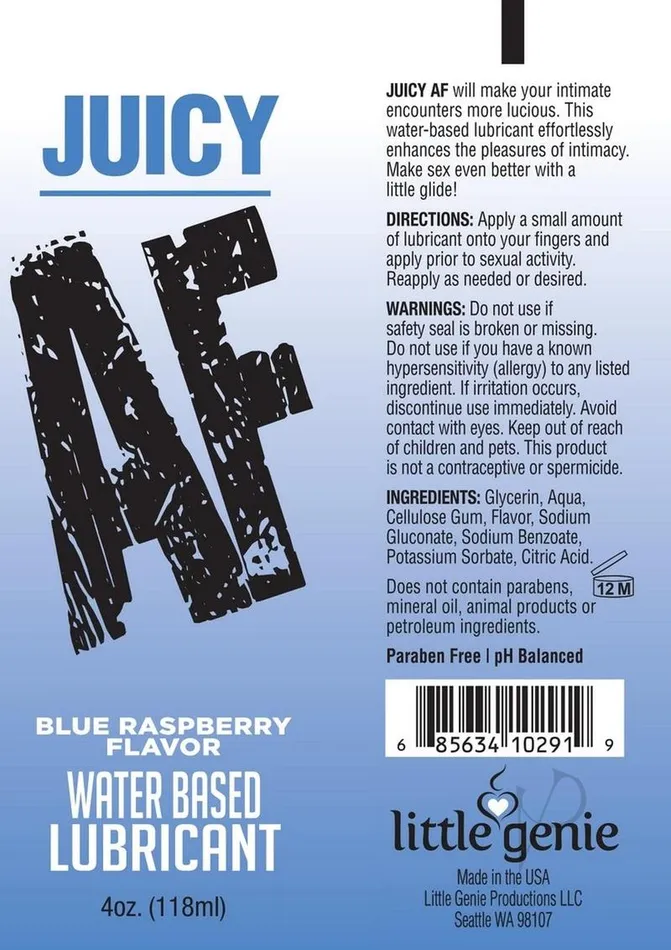 Af Lubricants Juicy AF Water Based Flavored Lubricant Blue Raspberry 4oz Af Lubricants Juicy AF Water Based Flavored Lubricant Blue Raspberry 4oz