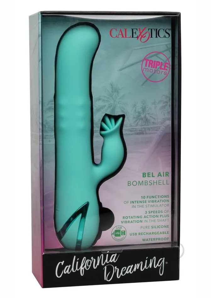 California Dreaming Bel Air Bombshell Rechargeable Silicone Vibrator with Clitoral Stimulator Blue California Dreaming Female Sex Toys California Dreaming Bel Air Bombshell Rechargeable Silicone Vibrator with Clitoral Stimulator Blue California Dreaming Female Sex Toys