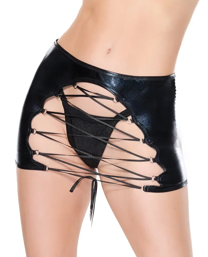 Darque Wet Look Reversible Lace Up Skirt Black SM Darque Anal