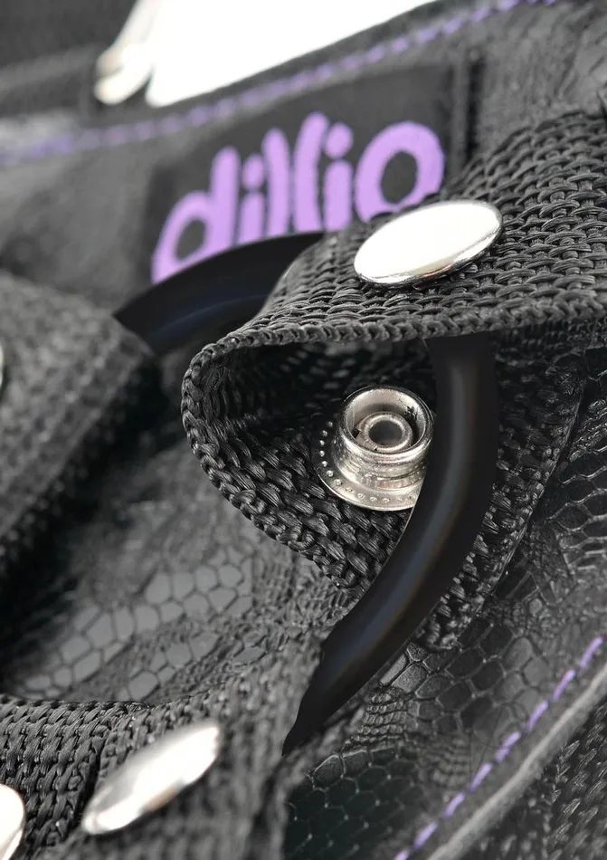 Dillio Dillio StrapOn Suspender Harness Set Black with Silicone Dildo 6in Purple Female Sex Toys