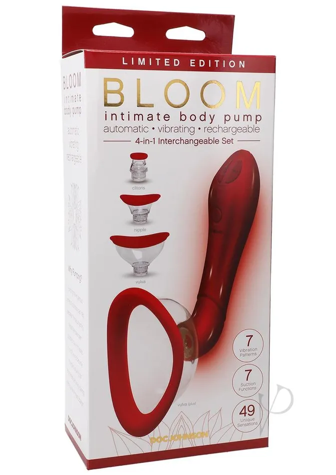 Doc Johnson Bloom Intimate Body Pump Vibrating Rechargeable Interchangeable Set Limited Edition 4 piece Red Female Sex Toys Doc Johnson Bloom Intimate Body Pump Vibrating Rechargeable Interchangeable Set Limited Edition 4 piece Red Female Sex Toys