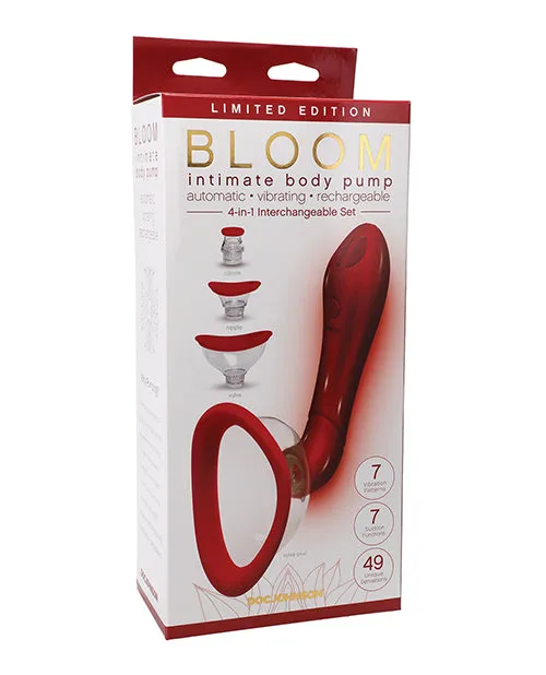 Doc Johnson Bloom Intimate Body Pump Vibrating Rechargeable Interchangeable Set Limited Edition 4 piece Red Female Sex Toys Doc Johnson Bloom Intimate Body Pump Vibrating Rechargeable Interchangeable Set Limited Edition 4 piece Red Female Sex Toys
