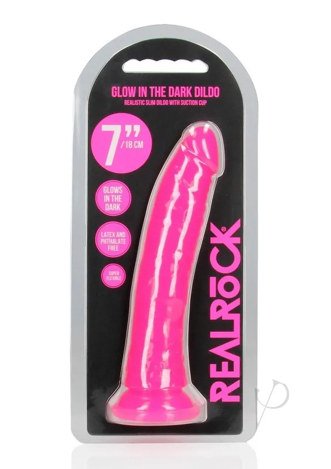 Female Sex Toys Real Rock RealRock Slim Glow in the Dark Dildo with Suction Cup 7in Pink Female Sex Toys Real Rock RealRock Slim Glow in the Dark Dildo with Suction Cup 7in Pink