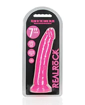 Female Sex Toys Real Rock RealRock Slim Glow in the Dark Dildo with Suction Cup 7in Pink