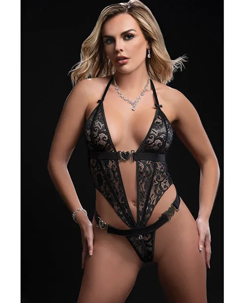 Open Halter Teddy wHeart Clasp Black OS Black Out By Gworld Anal