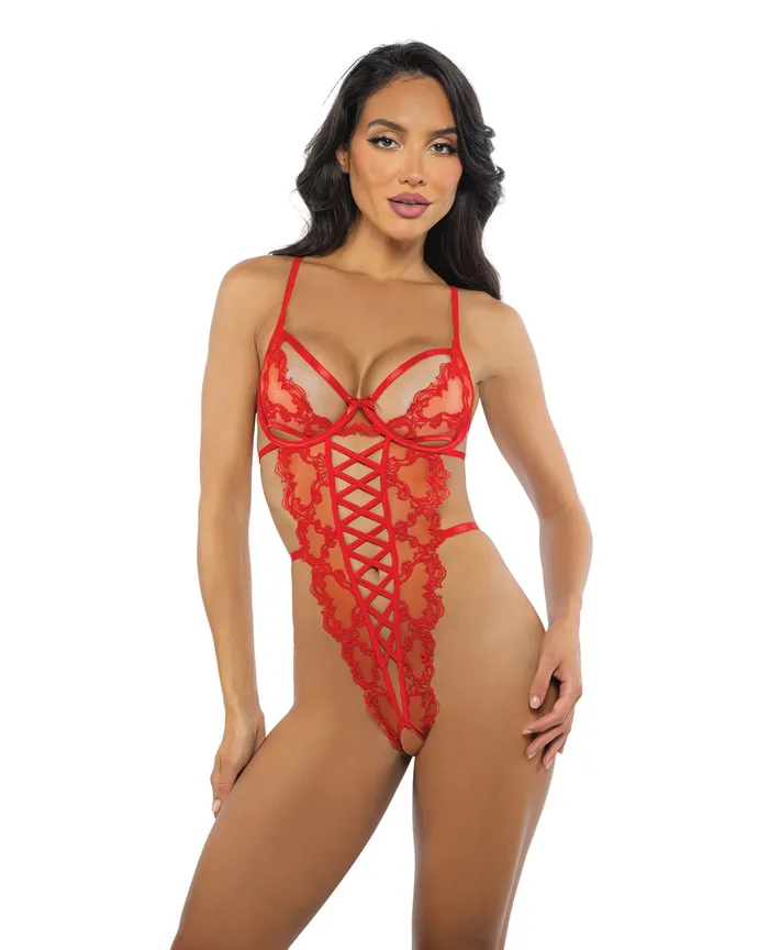Roma Confidential Anal Baroque Heart Embroidered Lace Teddy Red XL