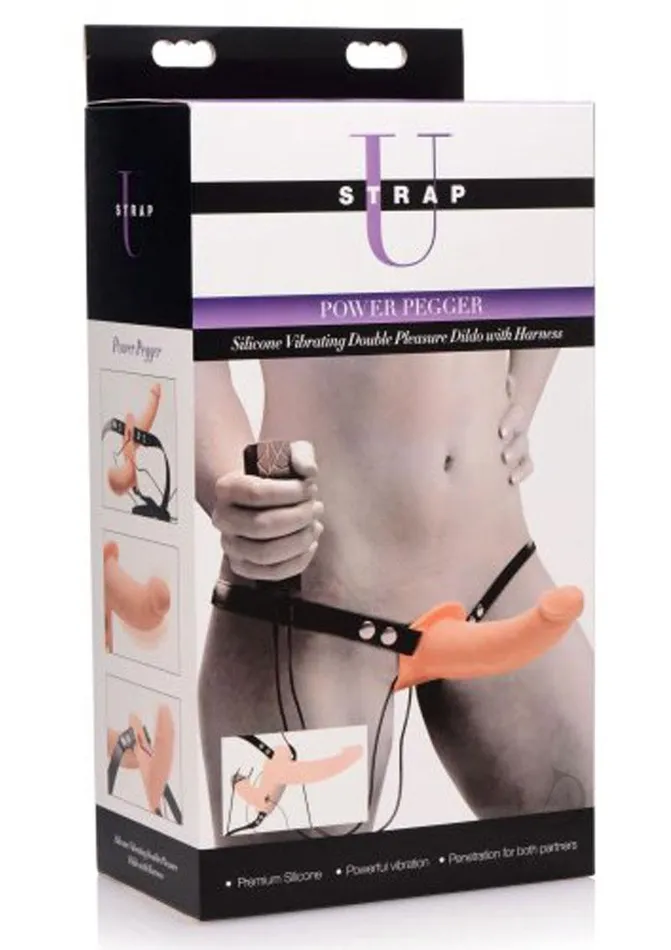 Strap U Strap U Power Pegger Silicone Vibrating Double Pleasure 65in Dildo with Harness and Wired Remote Control Vanilla Female Sex Toys Strap U Strap U Power Pegger Silicone Vibrating Double Pleasure 65in Dildo with Harness and Wired Remote Control Vanilla Female Sex Toys
