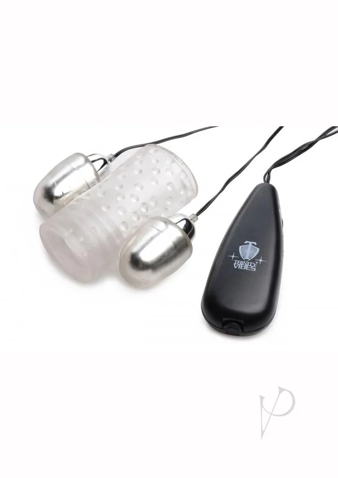 Trinity Men Female Sex Toys Trinity Men Dual Vibrating Penis Sheath with Wired Remote Control Clear