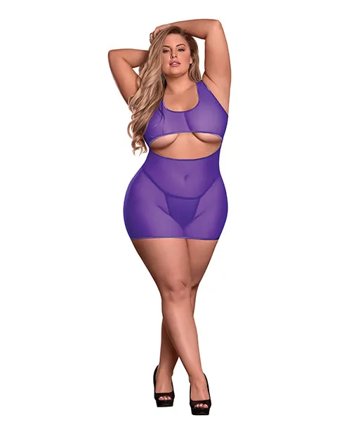 Vibrators Sheer Mesh Underboob Dress Crotchless GString Purple QN Exposed