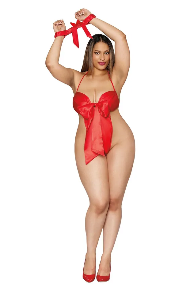 Bow Tie Teddy With Restraint Queen Size Lipstick Red Dreamgirl Male Sex Toys