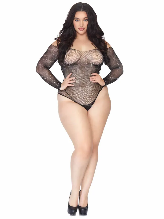 Rhinestone Snap Crotch Bodysuit 1x2x Black Leg Avenue Anal