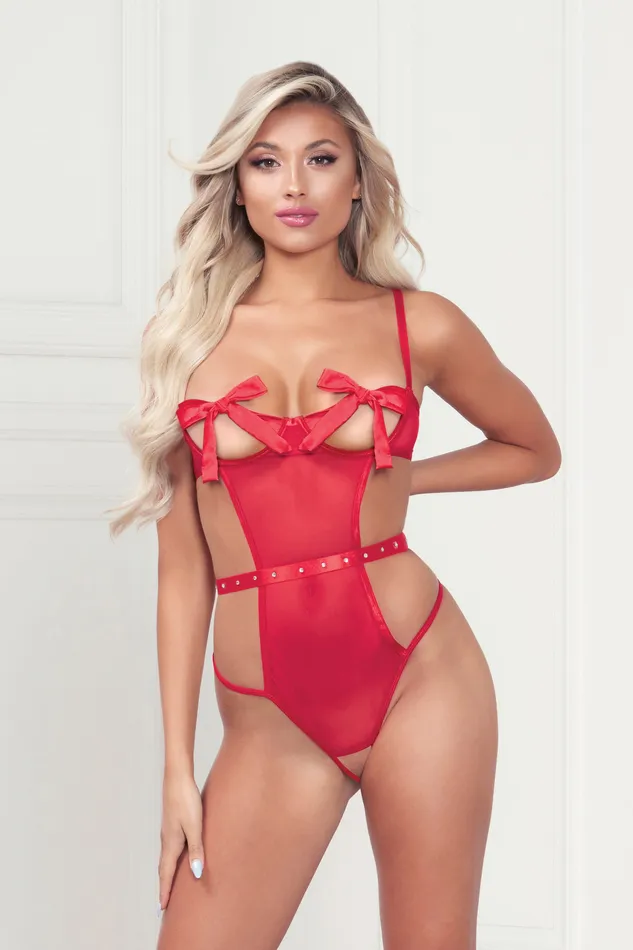 Seven Til Midnight Teddies And Bodies Mesh Teddy With Underwire Satin Ribbon Bows Rhinestone Belt Hook and Eye Back Closure and Open Thong One Size Red