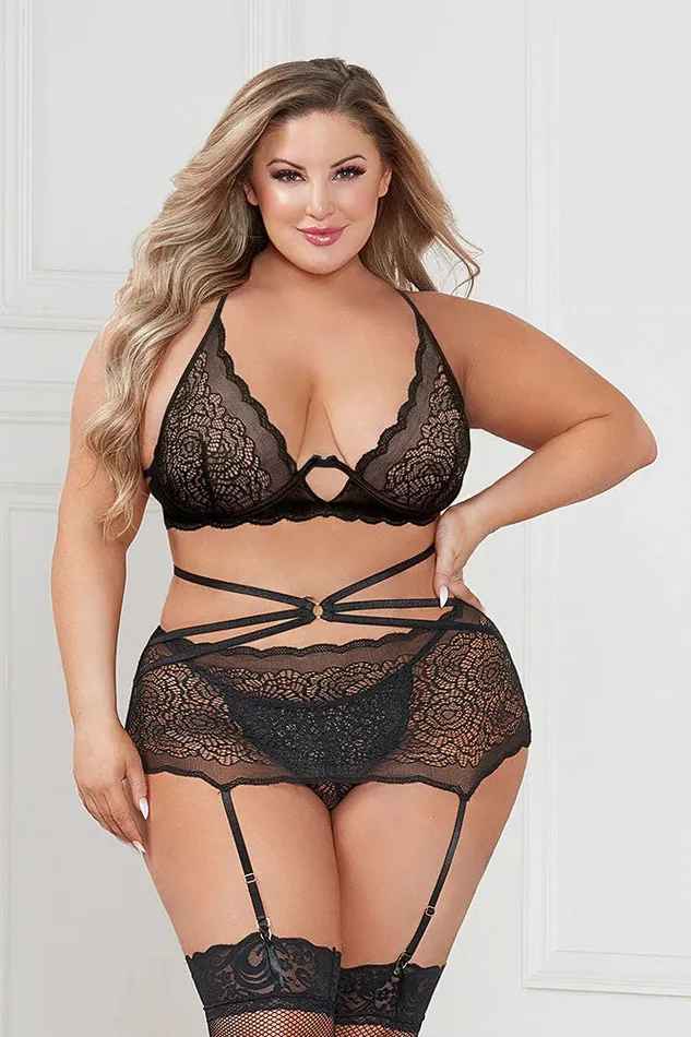 Three Piece Floral Lace Bra Skirt and GString Set Queen Black Seven Til Midnight Anal